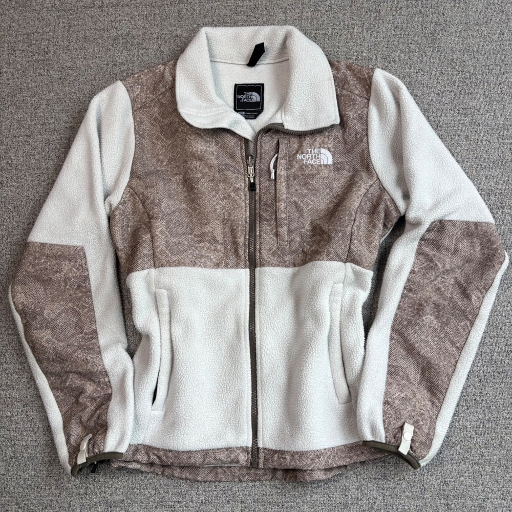 The North Face Jacket Womens S Denali White Brown Herringbone Fleece Full Zip